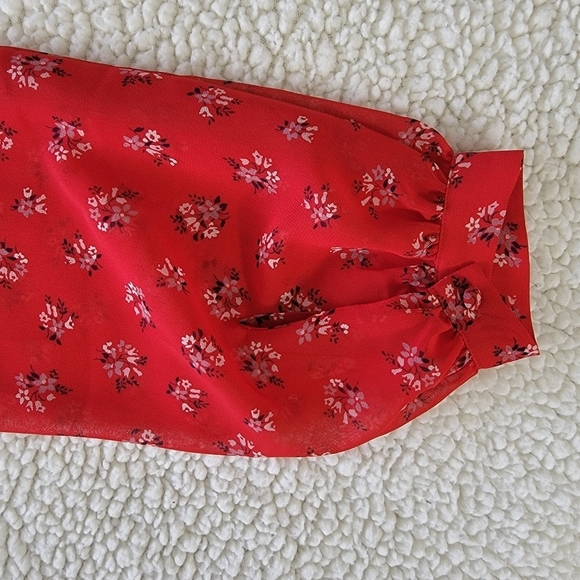 Madewell Georgette Retro Fem Red Floral Blouse Button Accent Ruffle Size XS - Picture 7 of 11